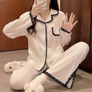小翻領家居服兩件套裝 潮牌2024年蕾絲花邊純棉睡衣女春秋長袖 長褲
