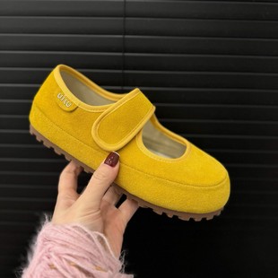 女魔術(shù)貼豆豆鞋 2025新軟底奶奶鞋 頭層牛皮森系復古真皮黃色勃肯鞋