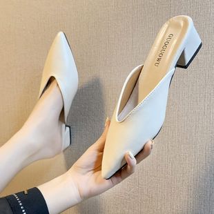 新款 2024春季 韓版 時尚 粗跟尖頭涼拖 包頭半拖鞋 氣質粗跟拖鞋 女鞋