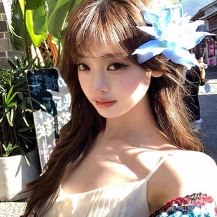 復古超仙氛圍感藍色花朵發夾女唯美新中式 側邊夾發飾辣妹拍照頭飾