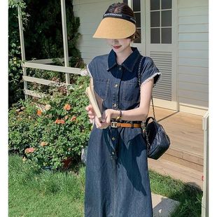 裙深藍色復古港風薄款 大方得體氣質襯衫 牛仔連衣裙女 新款 2025夏季