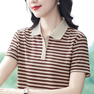 外貿尾貨清倉純棉短袖 洋氣條紋上衣 t恤女洋氣顯瘦中年媽媽POLO衫