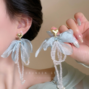 藍(lán)色雪紡花朵流蘇耳環(huán)女夏天2025新款 耳飾品高級(jí)感海邊度假風(fēng)耳釘