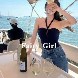 Fairy Girl泳衣女溫泉海邊度假抹胸掛脖露背性感遮肚連體泳衣女款