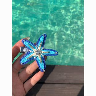薄荷島 藍色草編珍珠海星發夾女夏日多巴胺海邊度假劉海夾 藍調