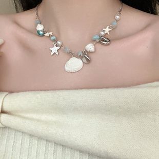 甜美風海星貝殼珍珠項鏈歐美跨境度假風鎖骨鏈時尚 氣質百搭項飾潮