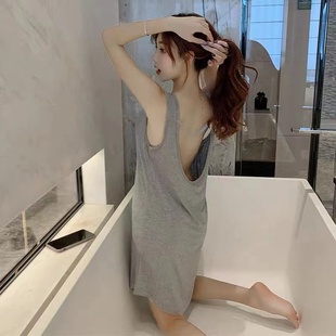 大碼 睡衣女夏季 短袖 性感睡裙中長款 吊帶連衣裙露背寬松家居服 韓版