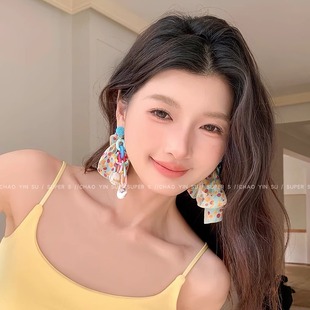 多巴胺海邊串珠蝴蝶結飄帶耳環女彩色度假風耳釘獨特夸張大氣耳飾