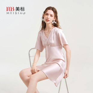 美標(biāo)重磅真絲短袖 睡裙女夏絲綢睡衣性感蕾絲100%桑蠶絲涼感家居服