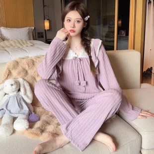 公主純色蕾絲花邊睡衣女春秋季 跨境廠家直供 仿棉蝴蝶結家居服套裝