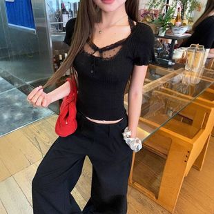 修身 2025新款 百搭上衣 t恤女夏季 純欲甜辣黑色蕾絲拼接假兩件短袖