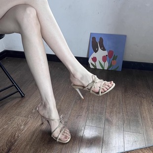 仙女風(fēng)一字帶水鉆細(xì)跟涼拖鞋 女夏季 外穿 女高跟鞋 閃鉆蝴蝶高跟涼鞋