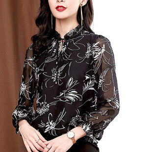 女裝 內搭小衫 碎花雪紡襯衫 洋氣質上衣蕾絲打底衫 長袖 2025春夏新款