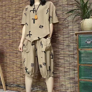 夏裝 時尚 洋氣遮肚寬松套裝 天絲棉麻 女 休閑套裝 媽媽裝 短袖 女裝