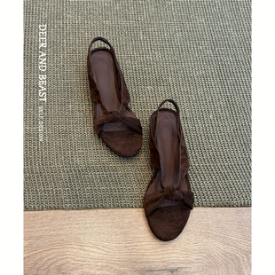百搭簡約氣質一字帶涼鞋 羊皮版 復古圓頭露趾交叉帶坡跟羅馬涼鞋