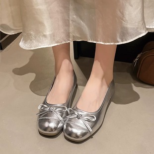 銀色溫柔風(fēng)瑪麗珍女鞋 法式 2025淺口豆豆鞋 夏季 軟底平底孕婦單鞋