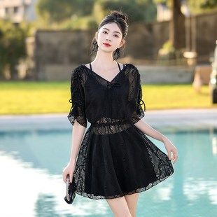 保守顯瘦遮肚泡溫泉帶胸 分體u三件套蕾絲罩衫 大碼 胖mm泳衣女裙式