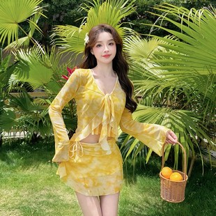 遮肉高級感泳裝 性感聚攏鋼托大碼 罩衫 泳衣女分體比基尼四件套長袖