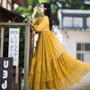 寬松燈籠袖 復古Vl領連衣裙女2024夏季 蛋糕裙大擺長裙 嫣然春景