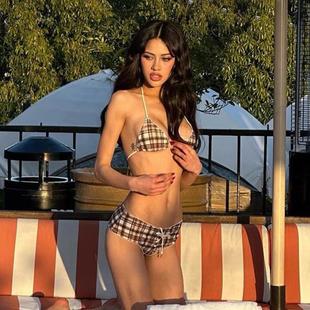 jennie同款 小眾高級感復古格紋辣妹分體比基尼性感小胸溫泉泳衣