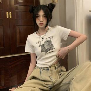 短袖 復(fù)古修身 T恤女夏季 美式 辣妹卡通印花ins別 新款 淶覓膚甜辣短款
