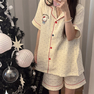 2025年新款 新品 套裝 短袖 夏天可愛卡通hellokitty家 純棉睡衣女夏季