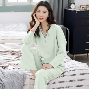 睡衣女款 薄款 2025新款 長褲 雞心領媽媽全棉家居服 春秋純棉長袖 新品