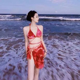 歐美風扎染分體比基尼三件套性感綁帶ins風小胸聚攏溫泉度假泳衣