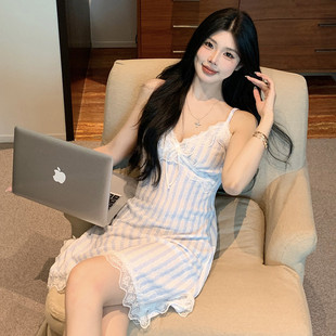 性感純欲蕾絲花邊吊帶睡裙新款 薄款 甜美家 藍(lán)白條紋睡衣女夏季 新品