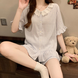 夏季 夏天寬松家居服套裝 薄款 短褲 可 甜美花邊少女短袖 現貨睡衣女款