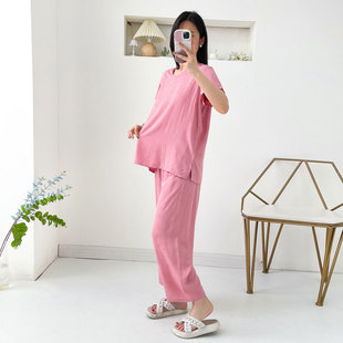 棉綢睡衣女夏季 胖mm外穿人造棉家居服套裝 薄款 九分褲 提花短袖 新品