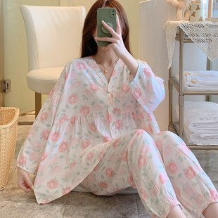棉綢睡衣女士春秋長袖 套裝 媽媽家居服綿綢夏季 人造棉法式 薄款 新品
