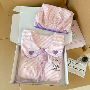 短袖 新品 純棉甜美波點(diǎn)卡通大碼 薄款 三件套家 帶胸墊睡衣女春秋夏季