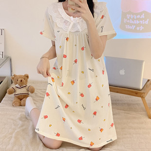 寬松甜美花邊公主風中長款 新品 可愛短袖 新款 睡衣夏天家 睡裙女夏季