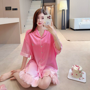 短袖 裙夏季 冰絲睡裙女高級感燙鉆天鵝甜美家 網紅輕奢睡衣襯衫 新品