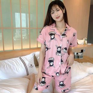 短袖 女士開衫 短褲 休閑大碼 夏季 家居服套裝 可愛卡通圍巾兔睡衣夏款