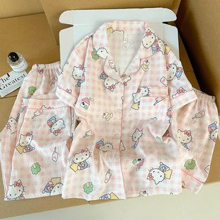 短袖 新品 純棉甜美可愛(ài)寬松大碼 薄款 三件套家 帶胸墊睡衣女春秋夏季