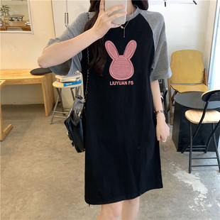 中長款 睡裙高級感寬松休閑時尚 睡衣洋氣連衣 夏天純棉撞色短袖 新品
