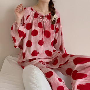 棉綢睡衣女春秋長袖 大碼 夏季 綿綢家居服人造棉學生套裝 網 薄款 新品