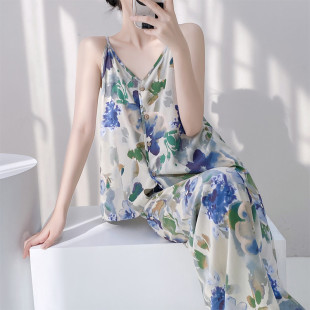 棉綢夏天無袖 新品 開衫 吊帶長褲 綿綢背心家居服可外穿中 睡衣女夏季