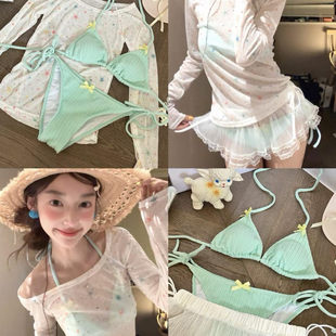 沙灘溫泉度假泳衣女款 星星印花休閑比基尼蕾絲屁簾套裝 青檸茶