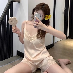 兩件套帶胸墊純欲風家居服夏款 爆款 2025夏季 性感冰絲蕾絲睡衣女款