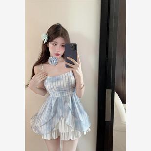 開衩上衣 小眾修身 甜辣系帶立體花朵褶皺格子釘珠吊帶女夏季 新款