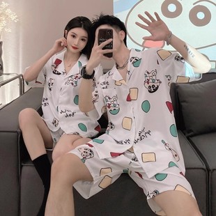 男士 新品 冰絲短袖 薄款 仿真絲綢家居服女加 蠟筆小新情侶睡衣女夏季