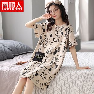 南極人100%純棉睡裙女夏季 ins風卡通可外穿高檔洋氣夏天睡衣 短袖