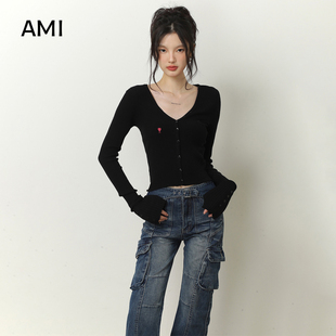 辣妹修身 T恤女春秋正品 顯瘦上衣潮 復古v領針織長袖 AMI旗艦店美式