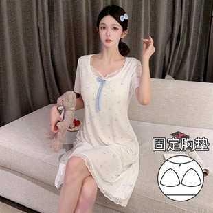 莫代爾長(zhǎng)款 短袖 睡裙 韓系ins蝴蝶結(jié)花邊帶胸墊睡衣女夏季 2025新款