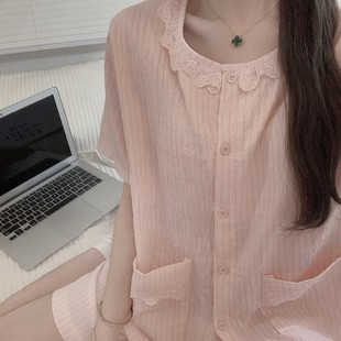 長褲 睡衣女短袖 花邊蕾絲減齡女士家居服 薄款 帶胸墊三件套2025夏季