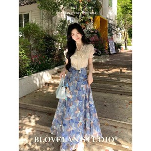 小眾立體花朵半身裙 襯衫 湛影溯夢 氣質掛脖綁帶花邊短袖