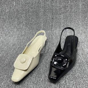 小方頭顯瘦淺口包頭涼鞋 斷碼 設計n感紐扣后空平底單鞋 款 處理夏季